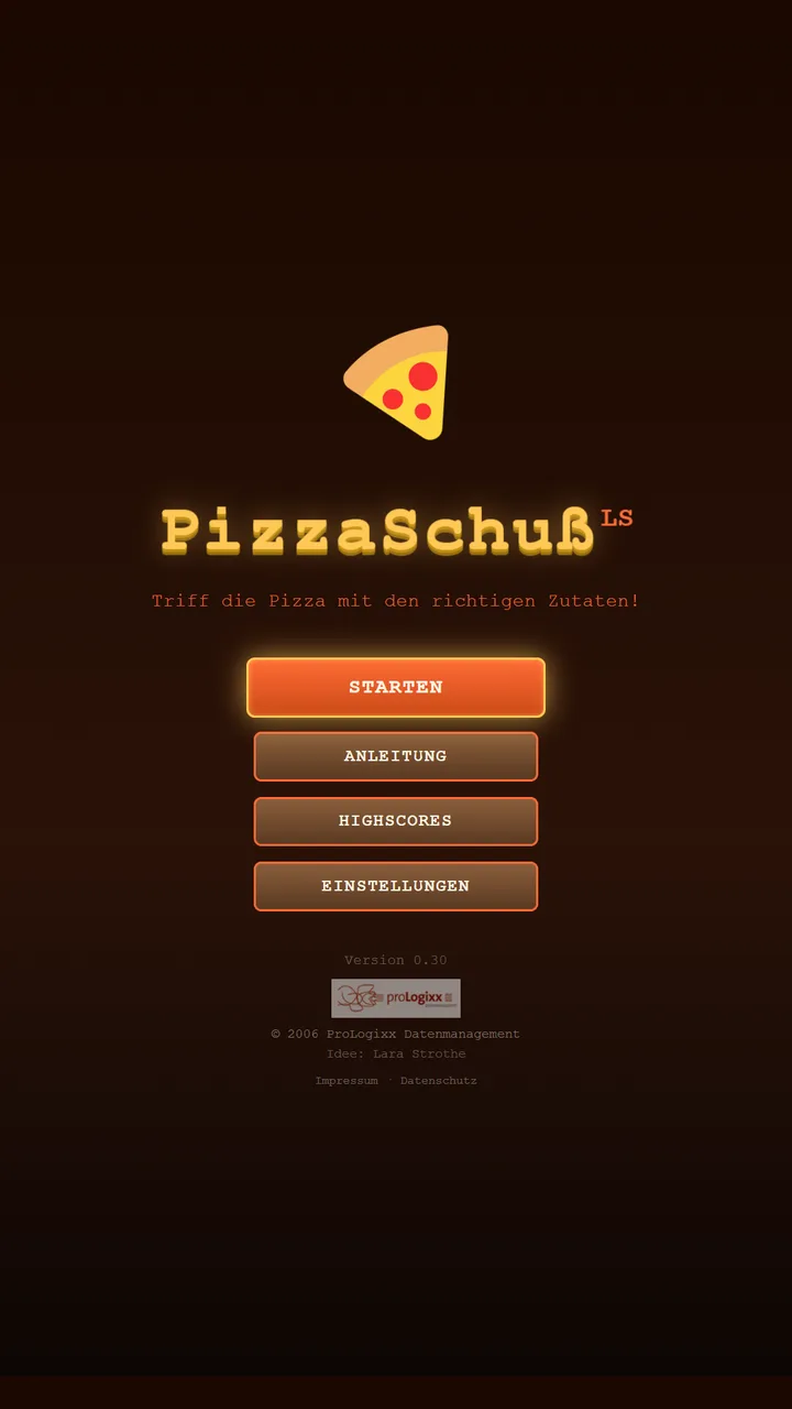 Startbildschirm mit Pizzeria-Schild und Spielmenü